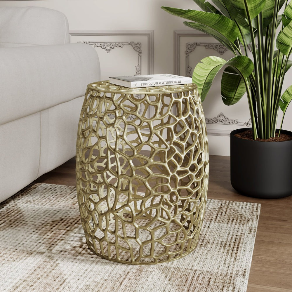 English Elm Aluminum Open Lattice Drum Accent Table Handcrafted Brushed Metallic Glam Side Piece Gold N771P241821J