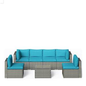 English Elm 7-piece Outdoor Modular Sectional Pe Wicker Patio Set with Tempered Glass Coffee Table Grey+Blue B082S00064