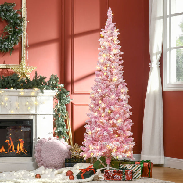 English Elm Homcom 6Ft Snow Flocked Pencil Christmas Tree With Warm White Leds – Perfect Space-Saving Holiday Decor W2225P229398