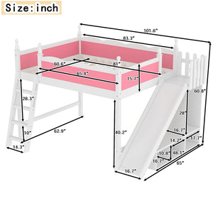 English Elm Queen Solid Pine Loft Bed with Wardrobe Shelves Detachable Slide and Dual Sleeping Zones Pink,White W5305S00026