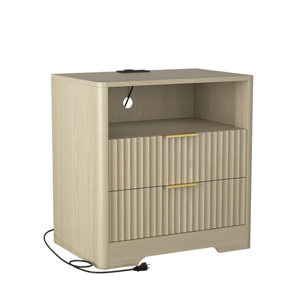 English Elm Nightstand Wood Cabinet with Built-in Usb Charging Ports and Voice Controlled Night Light W1321P399415