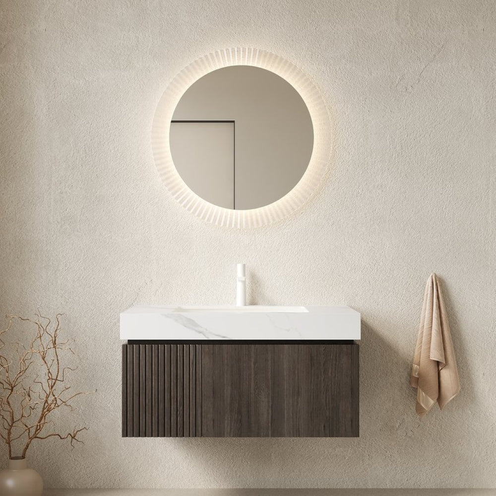 English Elm Muri Floating Bathroom Vanity Plywood Cabinet Sintered Stone Top Espresso Finish W2615S00458
