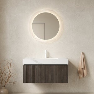 English Elm Muri Floating Bathroom Vanity Plywood Cabinet Sintered Stone Top Espresso Finish W2615S00458