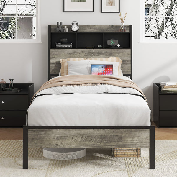 English Elm Bed single-frame with antique gray wood & metal, headboard storage and central charging station, sturdy support W636P315790