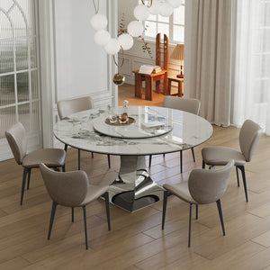 English Elm 59" 59" Round Sintered Stone Dining Table with Gold Hourglass Base, Marble-Look, Scratch & Heat Resistant Black White W2700S00049