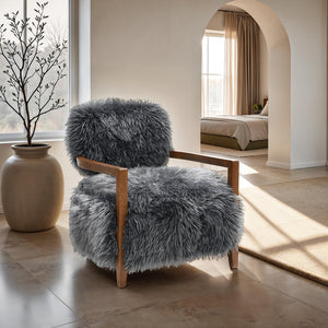 English Elm Charcoal Plush Faux Fur Accent Chair with Walnut Wood Arms — Cozy Modern Living Room Seating Charcoal grey 29 L x 30 W x 31 H B2741P401369