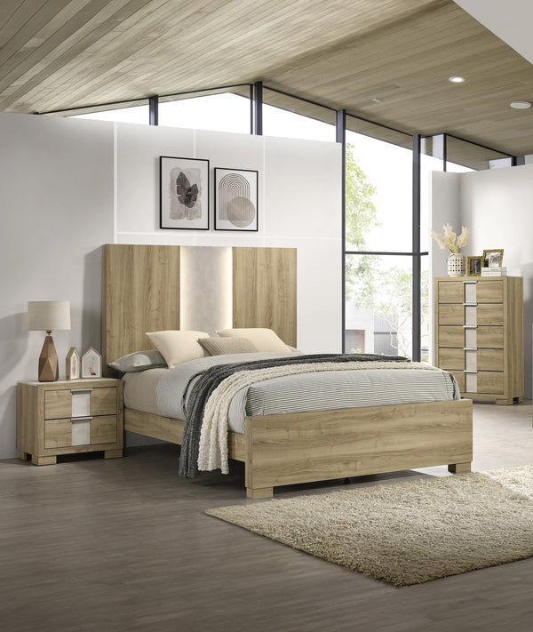 English Elm 1Pc Modern Queen Panel Bed With Integrated Lighting In Driftwood Finish - Minimalist Comfort & Style B2741S00318