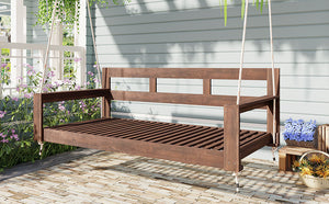 English Elm TOPMAX Acacia Wood Twin Porch Swing Bed Frame with High Back, 350lb Capacity & 118" Hemp Ropes Brown N717P265795D