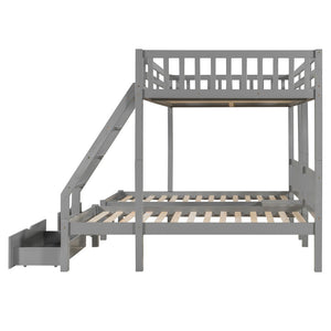 English Elm Full Over Twin Triple Bunk Bed Pine Wood Frame with Storage Drawers and Guardrails LT000343AAE-1