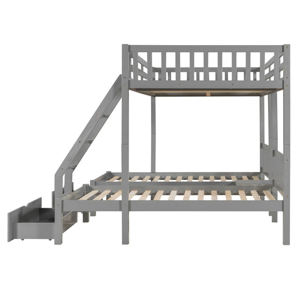 English Elm Full Over Twin Triple Bunk Bed Pine Wood Frame with Storage Drawers and Guardrails LT000343AAE-1