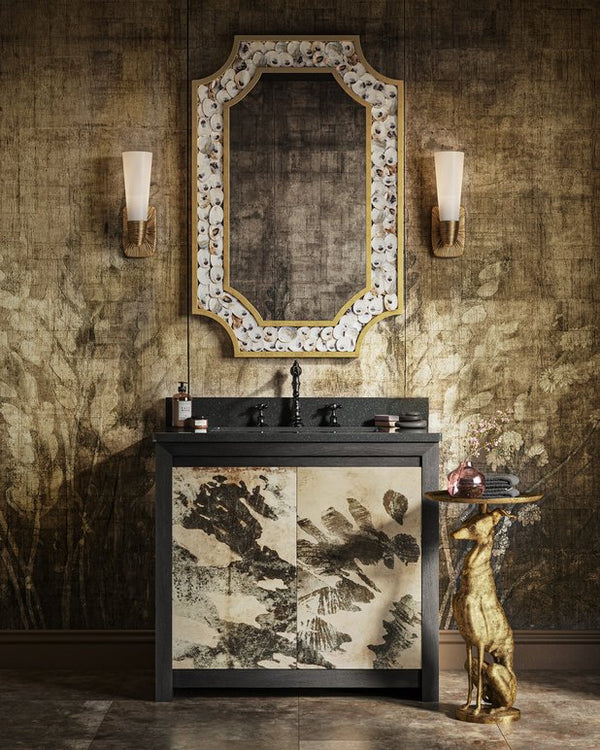 Currey & Company Karlson 36" Bath Vanity With Abstract Pattern Doors, Black Granite Top & Undermount Sink Storage Solutions Black Oak Solids & Veneer ,Leather Vellum ,Granite ,Vitreous China 3800-0014-currey-company