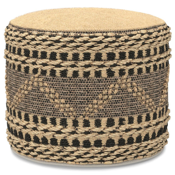 English Elm Stella Handwoven Jute Pouf in Natural & Black — 20" Round Durable Polystyrene-Filled Accent Seat B136P252624
