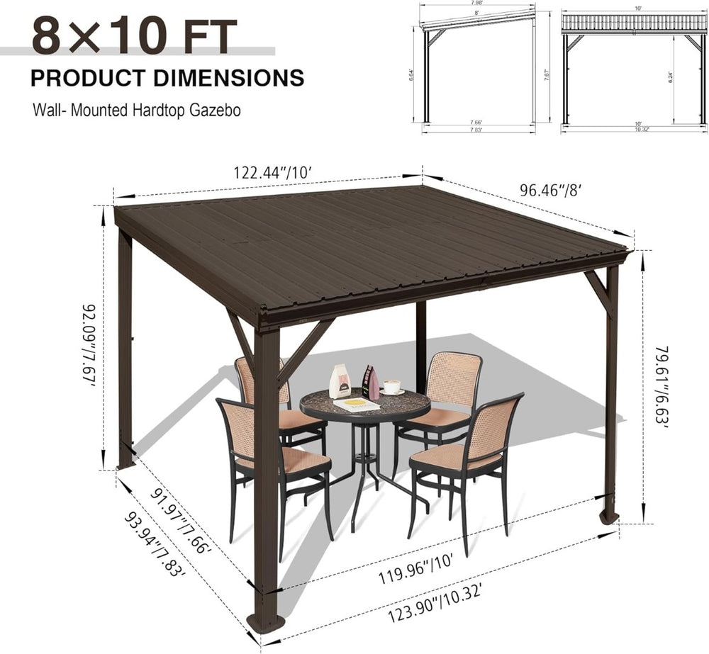 English Elm 8' 8 Ft Hardtop Lean to Pergola with Galvanized Steel Roof and Drainage for Patio Deck W1859S00190