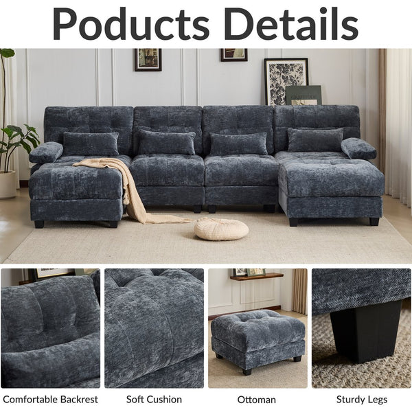English Elm 119" 4-Seater Sofa with 2 Ottomans - Adjustable 4-Position Backrests, 350lb/Seat, Plush Chenille Blue W2606S00038
