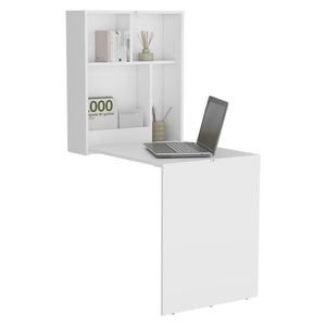 English Elm Kaplar Wall-Mounted Folding Table 33"x23" with Four Shelves — Space-Saving White Desk & Ironing Station B200P253739