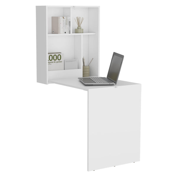 English Elm Kaplar Wall-Mounted Folding Table 33"x23" with Four Shelves — Space-Saving White Desk & Ironing Station B200P253739