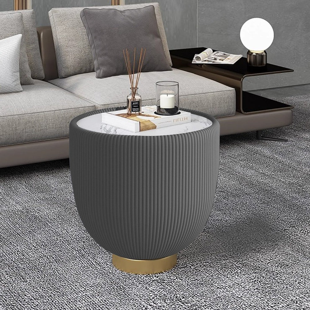 English Elm Modern Sintered Stone Round Side Table Leather Trim Brass Base Living Room Accent W3081P309606