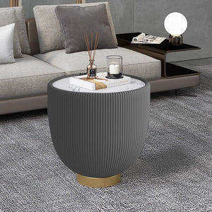 English Elm Modern Sintered Stone Round Side Table Leather Trim Brass Base Living Room Accent W3081P309606