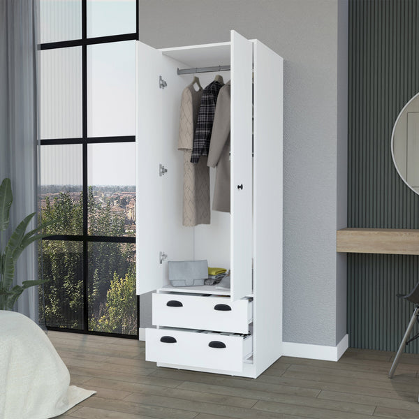 English Elm Denton White Armoire with Hanging Rod, Two Spacious Drawers & Stylish Handles for Organized Storage B128S00122
