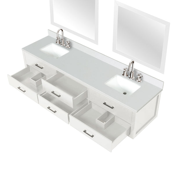 English Elm White Double Bath Vanity 84 in W x 22 in D with White Quartz Top, Chrome Faucets & Dual 36" Mirrors B2731S01844