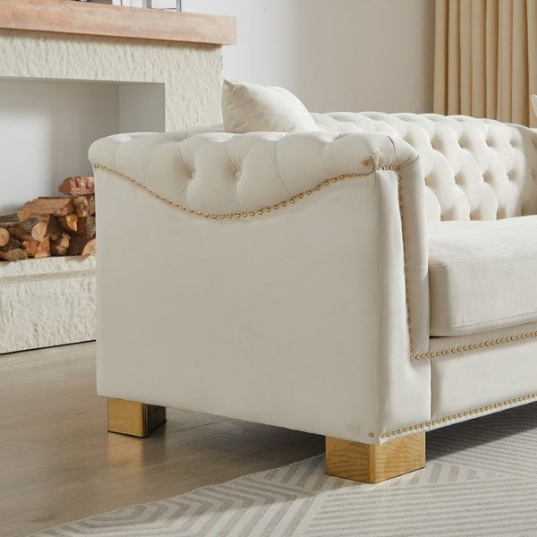 English Elm 3-seater Modular Chesterfield Velvet Sofa Tufted Gold Stud Detail for Elegant Living Rooms Beige W1926S00099