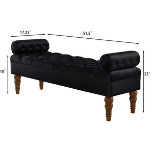 English Elm Velvet Tufted Bench with Round Bolster Armrest and Solid Wood Spindle Legs for Elegant Seating (52") Black W2186P253249