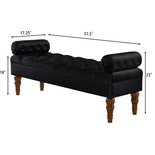 English Elm Velvet Tufted Bench with Round Bolster Armrest and Solid Wood Spindle Legs for Elegant Seating (52") Black W2186P253249