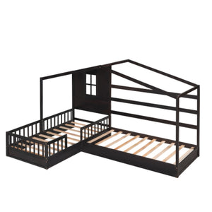 English Elm Wood House Bed L-shaped Twin Frame Pinewood Kids Room Peaked Roofline Espresso Finish LP001345AAP