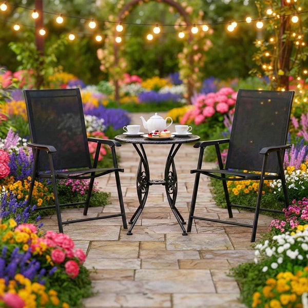English Elm Outdoor Stackable Folding Chairs Set Ergonomic Mesh Back Steel Frame Patio Seating Black W5159P445935