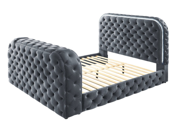 English Elm Gray Velvet Queen Bed with Motorized Tv Lift Fireplace Led Lighting and Tufted Frame B2756S00007