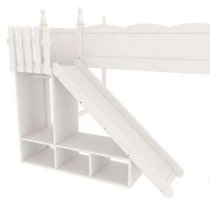 English Elm Queen Solid Pine Loft Bed with Wardrobe Shelves Detachable Slide and Dual Sleeping Zones Beige W5305S00028
