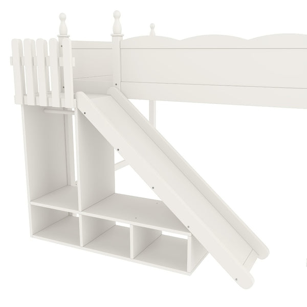 English Elm Queen Solid Pine Loft Bed with Wardrobe Shelves Detachable Slide and Dual Sleeping Zones Beige W5305S00028