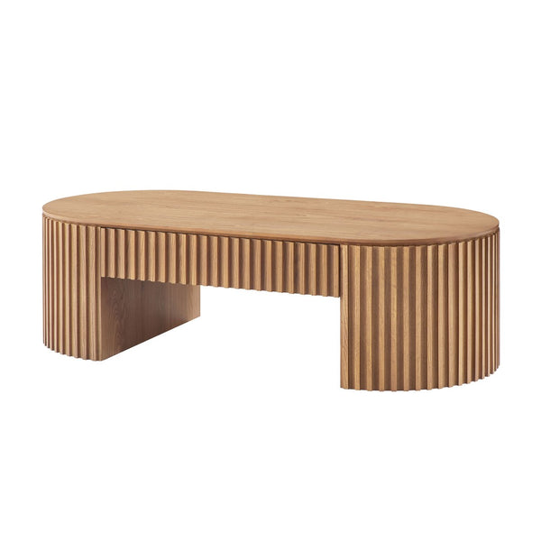 English Elm 51.18'' Oval Mdf Coffee Table with Hidden Drawer Mid-century Pedestal Base Oak W876P370282
