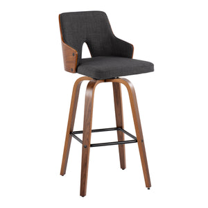 English Elm Stella Mid-Century 30" Barstool Set of 2 — Walnut Wood Back, Charcoal Fabric Seat, 360° Swivel, Sleek B202S00642