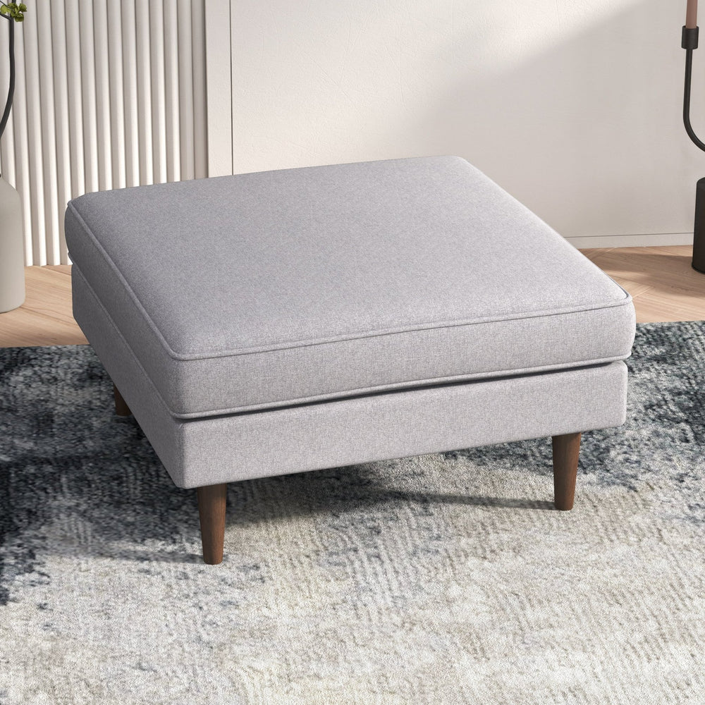 English Elm Ashcroft Furniture - Casual Amber Mid-Century Square Upholstered Ottoman in Light Gray Linen with Solid Wood Legs, 32x32x19" B183P231889