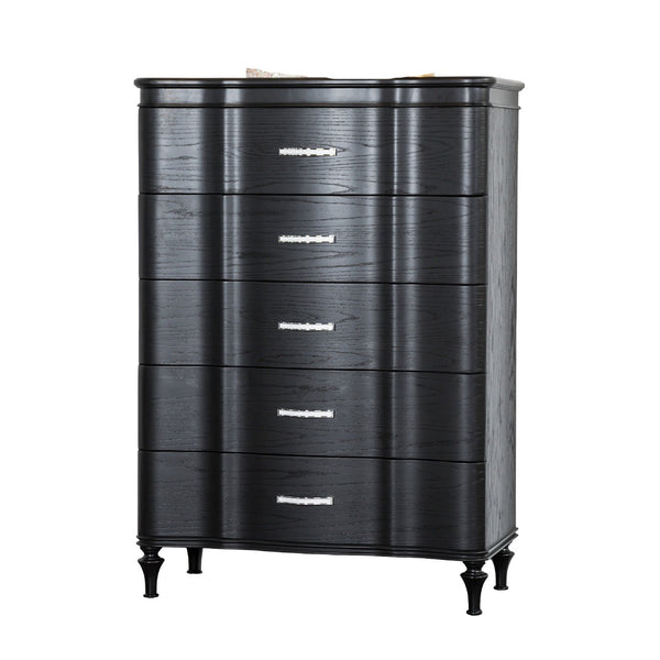 English Elm Glamorous Black 36"W Curved Front Chest with Crystal Acrylic Handles, Turned Legs & Felt Lined Drawer B2741P372231