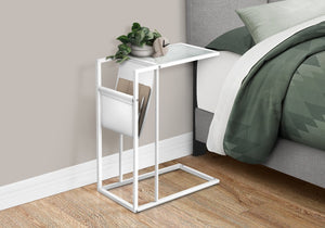 English Elm Accent C-Shape Side Table with Leather-Look Magazine Holder, Frosted Glass Top, White Metal Base B2710P219178