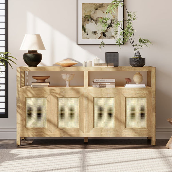 English Elm TREXM Bohemian Rattan Buffet Sideboard with Solid Wood Frame, Adjustable Shelves & Cord Management Natural N715P290093N