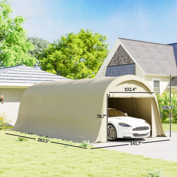 English Elm Portable Steel Frame Carport Canopy Upf50 Pe Cover Full Enclosure Vehicle Shelter Beige T3971S00117