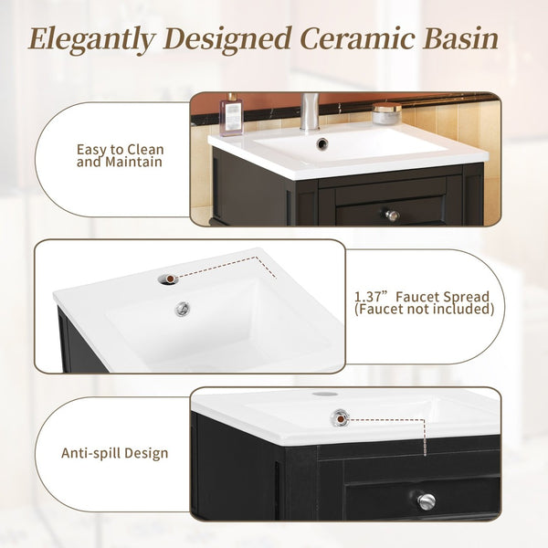 English Elm 16-inch French Style Freestanding Vanity Set with Ceramic Sink and Soft Close Cabinet Black N710P405388B