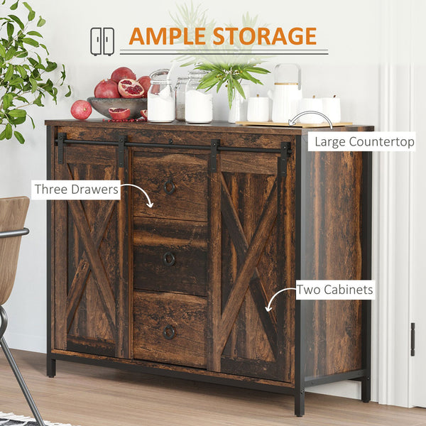 English Elm HOMCOM Rustic Farmhouse Buffet Cabinet with Sliding Barn Doors, 3 Drawers, Adjustable Shelves, Sturdy W2225P173872