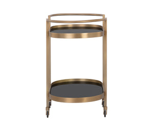 Sunpan Koen Bar Cart - Elegant Black Mirrored Shelves with Antique Brass Frame, Handcrafted Luxury Design