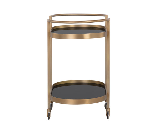 Sunpan Koen Bar Cart - Elegant Black Mirrored Shelves with Antique Brass Frame, Handcrafted Luxury Design
