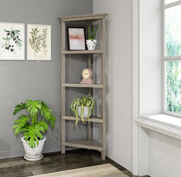 English Elm 4-shelf Tall Corner Bookcase Open Display Unit Walnut Wood for Living Room Gray Wash B2751P436410