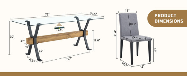 English Elm Table Set With 79" Tempered Glass Top & 8 Light Gray Linen-Cotton Chairs - Modern Elegance For Dining W1151S03619-GIGA