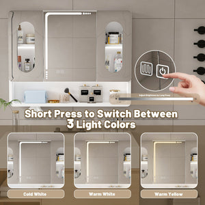 English Elm Wall Mounted Bathroom Mirror Cabinet LED Anti-Fog Explosion-Proof Touch Control 3-Color Lighting, Defogger, Spacious Aluminum Storage with Hooks and Mask Rack W2700P350174