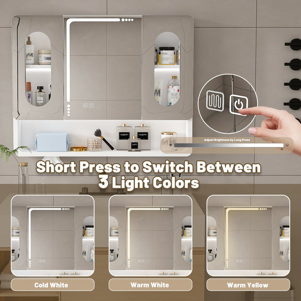 English Elm Wall Mounted Bathroom Mirror Cabinet LED Anti-Fog Explosion-Proof Touch Control 3-Color Lighting, Defogger, Spacious Aluminum Storage with Hooks and Mask Rack W2700P350174