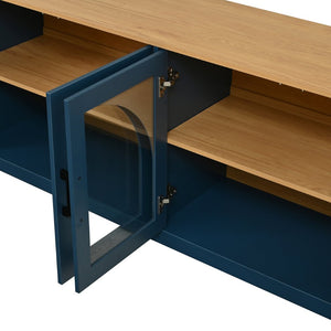 English Elm Farmhouse Media Console with Arched Glass Doors Wood Grain Two Tone Living Room Storage Blue N721P411204C