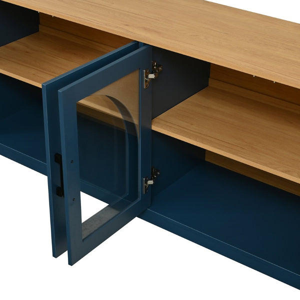 English Elm Farmhouse Media Console with Arched Glass Doors Wood Grain Two Tone Living Room Storage Blue N721P411204C