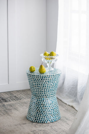English Elm D14x20" Cylindrical Garden Capiz Stool with Luxe Gold Shell Pattern, Modern Accent Side Table Blue Multi W2078P290748